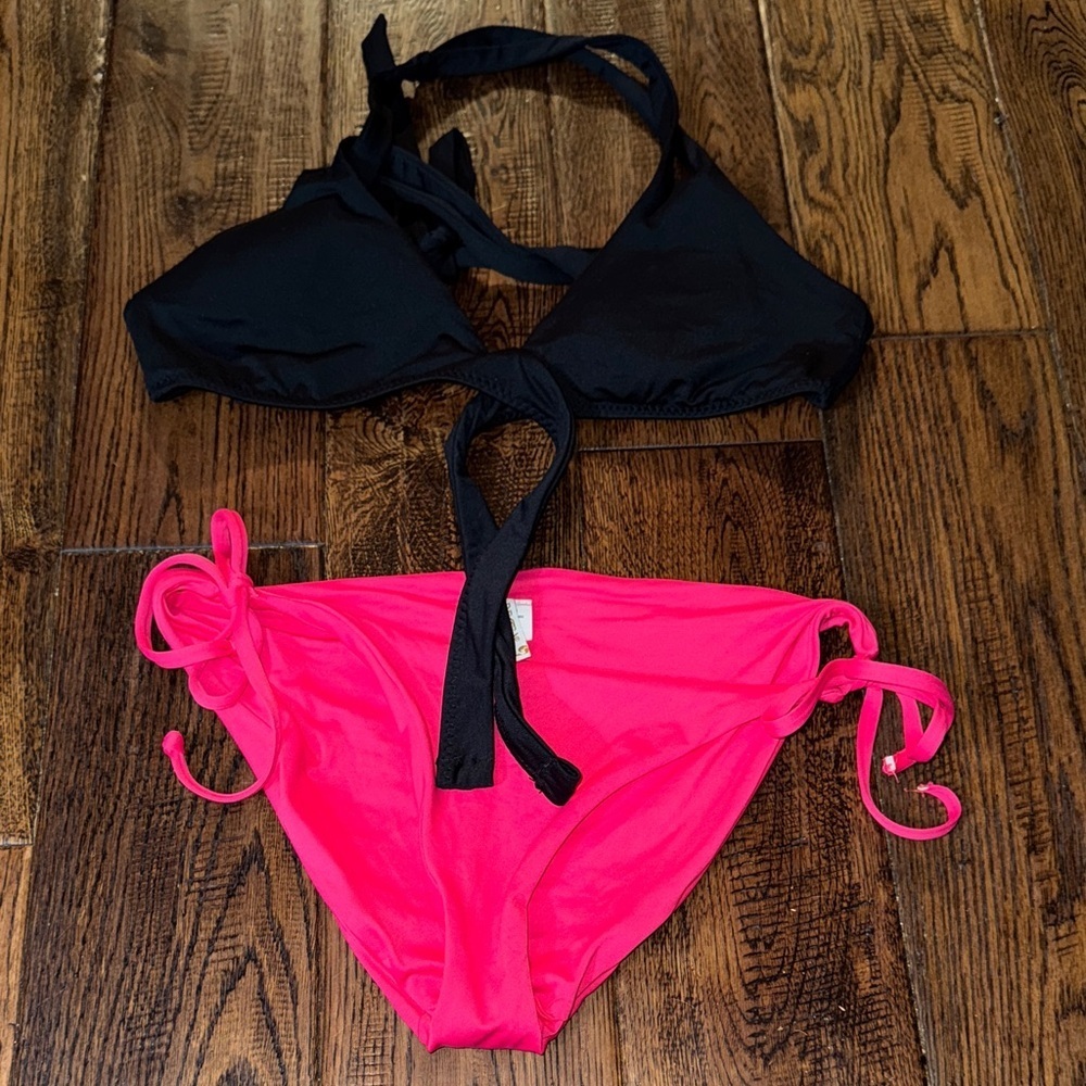 Becca by Rebecca Virtue Black Tie Front Halter Pink Tie Bikini Set